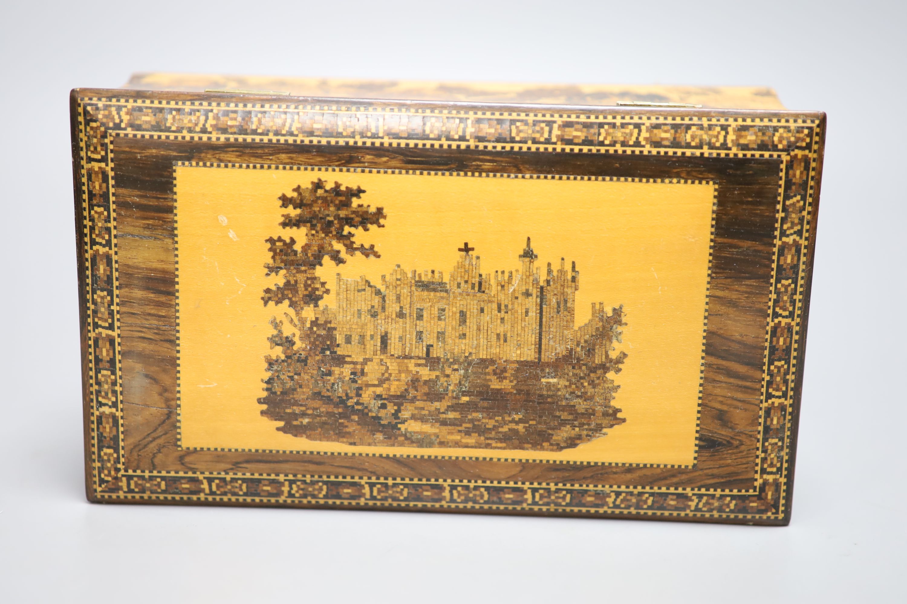 A Tunbridge ware rosewood and tesserae mosaic 'Abbotsford' box, by Henry Hollamby, mid 19th century, 21.5cm